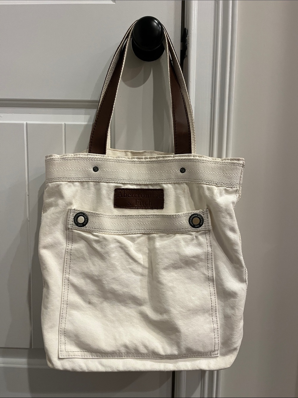 Abercrombie & Fitch Off-White Canvas Tote with Brown Leather Handles